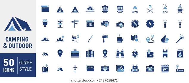 Conjunto de iconos de glifo de camping y exterior. Mapa, turismo, camping, senderismo, dirección, hoguera, mochila y tienda. Ilustración vectorial