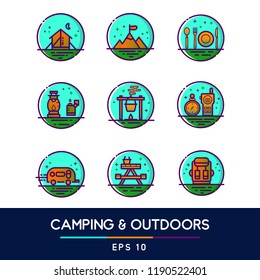 camping and outdoor icon collection set with linear style