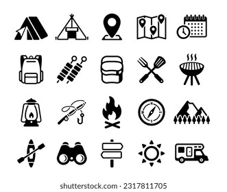 Conjunto de ilustraciones vectoriales de iconos de acampada y exterior