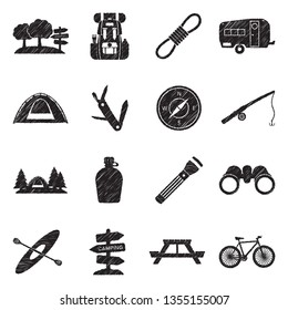 Camping And Outdoor Icons. Black Scribble Design. Vector Illustration.