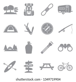 Camping And Outdoor Icons. Gray Flat Design. Vector Illustration. 