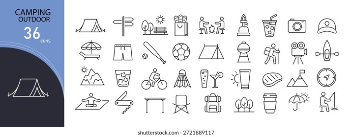 Camping and outdoor icons set. Includes icons for tent, campfire, hiking, backpack, map, compass, outdoor cooking, adventure gear, nature activities, and survival essentials. Editable stroke. 