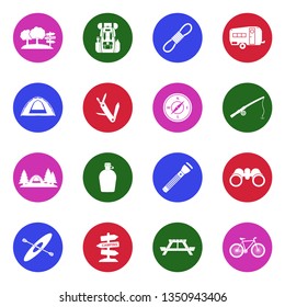 Camping And Outdoor Icons. White Flat Design In Circle. Vector Illustration. 