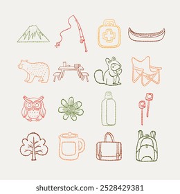 Camping outdoor line art icons. Hand-drawn illustration with nature and camping elements like animals, gear, and landscapes. Perfect for eco-friendly travel designs and camping projects.