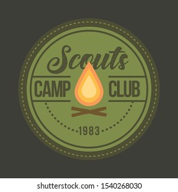 Camping outdoor logo set. Adventure travel logos. Retro camp vectors. Scouts camping club. Scout's labels. Vector illustration.