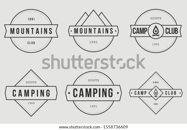 Camping outdoor logo set. Adventure\
travel logos. Retro camp vectors. Vector\
illustration.