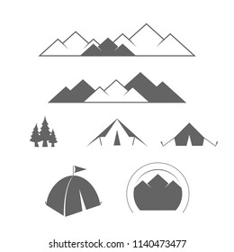 Camping, Outdoor or Mountain Adventure and Forest Expeditions. Alpine Tourism. Vector Design Elements Set for Web Design, Banners, Presentations or Business Cards, Flyers, Brochures and Posters.