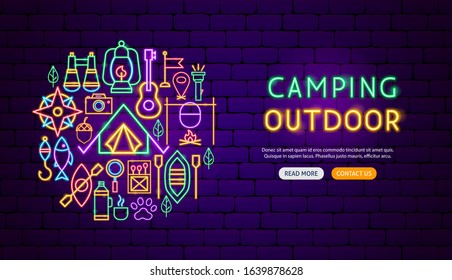 Camping Outdoor Neon Banner Design. Vector Illustration of Camp Promotion.