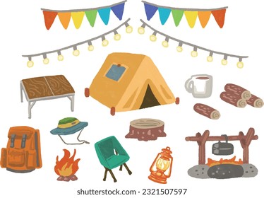 Camping outdoor pop watercolor hand drawn illustration set