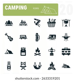 Camping and outdoor recreation black and white icon set featuring tents, campfire, backpack and more