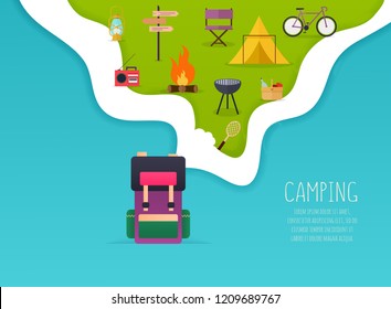Camping and outdoor recreation concept with flat camping travel icons. Vector illustration.