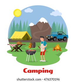 Camping and outdoor recreation concept. Man of cooking meat on the background of mountain scenery. Forest camp with a tent with a jeep. Vector illustration.