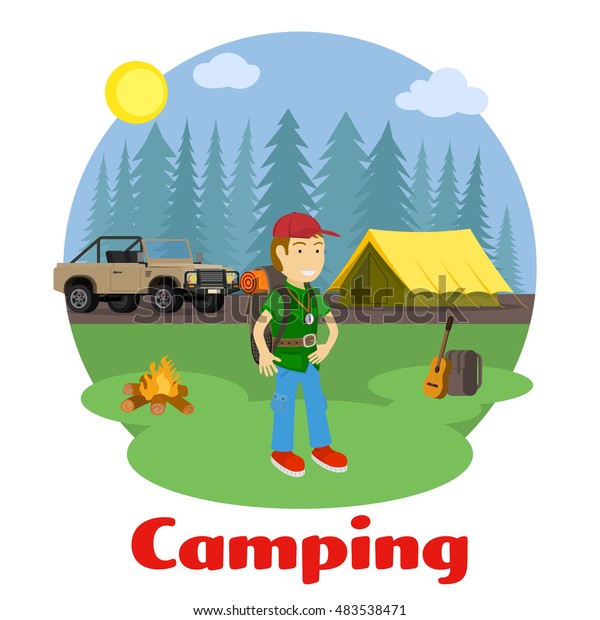 Camping and outdoor recreation concept. Man\
with backpack in a forest glade. Forest camp with a tent and a\
jeep. Vector\
illustration.