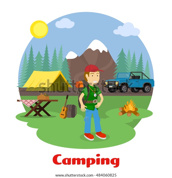 Camping and outdoor recreation concept. Man\
with backpack in mountain scenery. Forest camp with a tent with a\
jeep. Vector\
illustration.