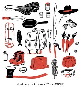 Camping and outdoor recreation elements, isolated on white background. Hand drawn vector illustration doodle style.