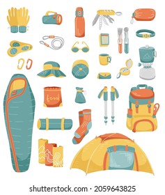 Camping And Outdoor Recreation Elements Set In Hand Drawn Style, Isolated On White Background, Can Use For Camp Flyer, Card, Posters, T-shirt Design. Vector Illustration.