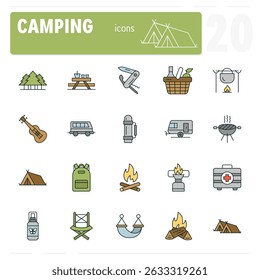 Camping and outdoor recreation line icon set featuring essential gear and activities for nature enthusiasts, great for illustrating travel blogs, adventure websites, and outdoor guides