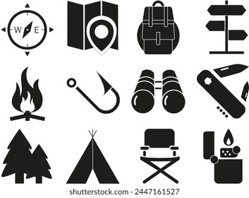 Acampando. Ocio exterior. Ilustración vectorial. Doce iconos simples