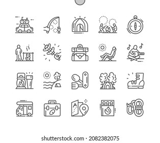 Camping outdoor. Relax, fishing and playing guitar. Road map. Adventure and tourism. Outdoor recreation. Pixel Perfect Vector Thin Line Icons. Simple Minimal Pictogram