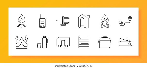 Ícone de conjunto de acampamento e exterior. Fogueira, walkie-talkie, poste de sinalização, balsa, fogueira, mapa da rota, tenda, térmicas, caravana, beliche, potenciômetro, faca de bolso