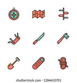 Camping and outdoor tools, compass, map, knife and more. flat thin line icons design. vector illustration