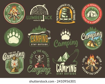 Camping outdoor travel adventure emblems, big camp set with campfire, hiking gear, wild eagle and forest