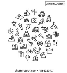 Camping, outdoor, travel. icon set outline vector.