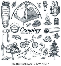 Camping and outdoor travel vector hand drawn sketch illustration. Camp hiking adventures design elements isolated on white background. Tent, campfire, backpack, bicycle, trees icons set