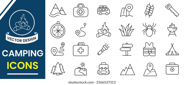 Camping, Outdoor and trekking line icon, vector set. Camping, adventure icon set. Camp, tent, forest, campfire, hiking icons. Tourism, hiking, bonfire, tent and caravan icon. Vector illustration.