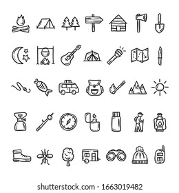 Camping and outdoor vector icon set. Hand drawn camping equipment symbols on white background