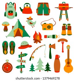 Ilustración vectorial de camping y exterior - Diseño plano - Colores vintage - Objetos aislados