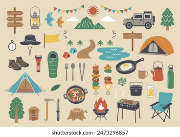 Conjunto de Ilustración vectorial al aire libre y camping