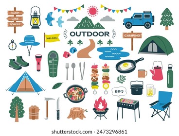 Conjunto de Ilustración vectorial al aire libre y camping