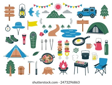 Conjunto de Ilustración vectorial al aire libre y camping