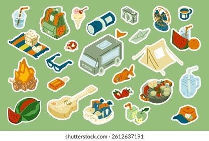 Camping and outdoor vector set. A cheerful vector set of camping and outdoor-themed elements including gear, food, drinks, and travel accessories. Perfect for stickers, travel guides, summer prints.