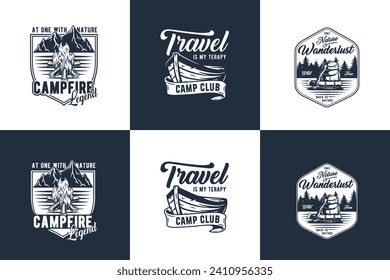 Camping outdoor wild adventure emblems set, mountain climbing and hiking