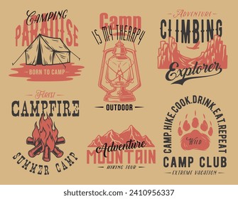 Camping outdoor wild adventure emblems set, mountain climbing and hiking