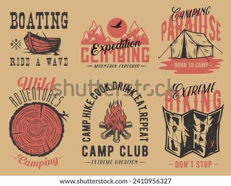 Camping outdoor wild adventure emblems set, summer forest camp fire, mountains explore