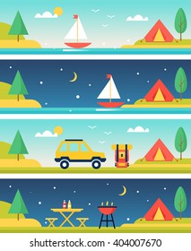 Camping and Outdoors Activities and Landscapes Vector Headers