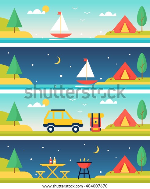 Camping and Outdoors Activities and Landscapes\
Vector Headers