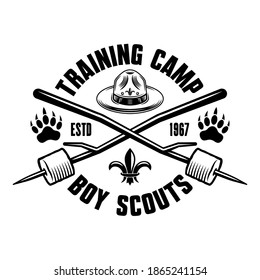 Camping and outdoors black and white emblem, badge, label or logo in vintage style. Boy scout hat and two crossed marshmallow on sticks vector illustration