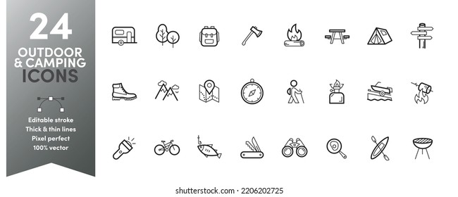 Camping And Outdoors Icon Set, Editable Stroke With Thick And Thin Stroke Weights