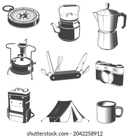 Camping and outdoors icons. Set include kayak with paddle, primus, photo camera , mug, coffee maker, tent, shovel, pocket knife, backpack. Vector. Equipment for camping, kayaking, hiking, traveling