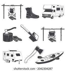 Camping and outdoors icons. Set include shovel, axe, kayak with paddle, hiking boots, camper, trailer, pot on camping fire. Vector Illustration. Equipment for camping, kayaking, hiking, traveling