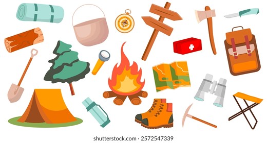 Camping and Outdoors - vector pack. Hiking elements isolated on white.