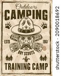 Camping and outdoors vector poster in vintage style with head of boy scout in hat and two crossed flashlights. Layered, separate grunge texture and text