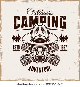 Camping And Outdoors Vintage Emblem, Badge, Label Or Logo. Head Of Man In Boy Scout Hat And Mustache, Two Crossed Flashlights Vector Illustration