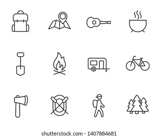 camping outline flat icons for web and ui design. summer camping outline vector icons set isolated on white background. summer camping recreation concept