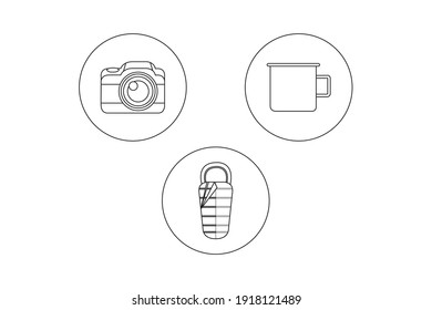 Camping Outline Icon Bundle With Camera, Glass, Jacket