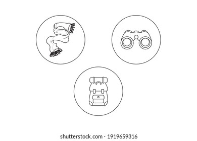 Camping Outline Icon Bundle With Scarf, Binoculars, Bag